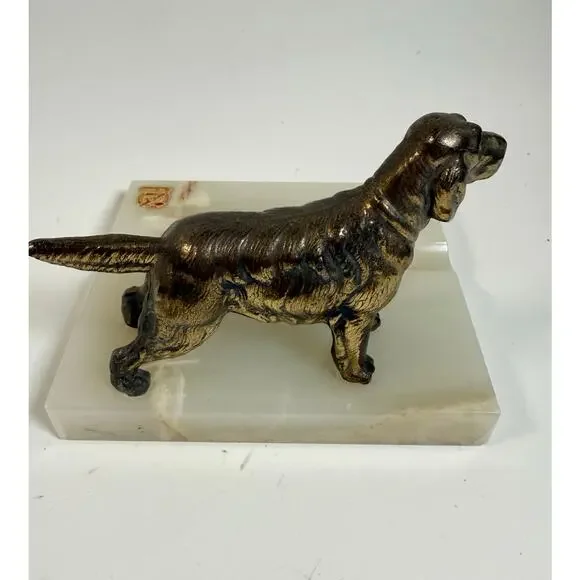 Vintage MCM Mid Century Brass Cocker Spaniel Figure on Solid Onyx Ashtray 6”sq